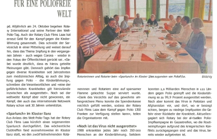 Artikel in der Regionalzeitung "Ruinaulta" vom 8.11.2024 über den Sparlunch vom Rotary Club Flims-Laax zugunsten von Polio.